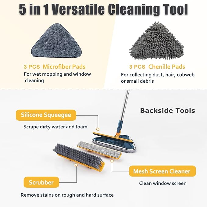 Wall Cleaner Mop with Long Handle, 5-in-1 Wall Cleaning Dust Mop with 6 Replacement Chenille Microfiber Pads, Squeegee, Scrubber, Duster Cleaning Tools for Painted Wall, Window, Ceiling