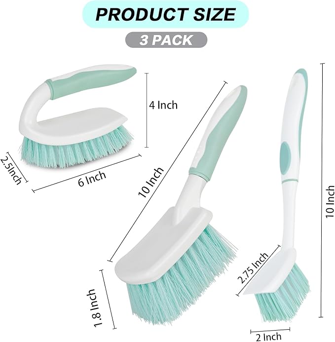 3 Pack Bathroom Scrub Brush Set, Heavy-Duty Scrub Brushes for Cleaning Floor, Green Scrubbing Brush with Non-Slip Handle and Stiff Bristles for Bathtub, Tub, Tile, Gap, Kitchen, Sink