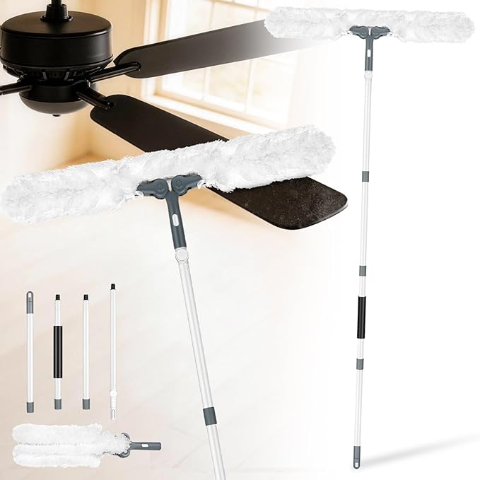 CLDREAM Microfiber Duster with Extension Pole,Ceiling Fan Cleaner Duster with 60" Long Handle,Long Dusters for Cleaning Ceiling Fan, High Ceiling,Wall,Blinds,Furniture,Adjustable Head,White