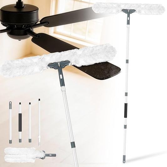 CLDREAM Microfiber Duster with Extension Pole,Ceiling Fan Cleaner Duster with 60" Long Handle,Long Dusters for Cleaning Ceiling Fan, High Ceiling,Wall,Blinds,Furniture,Adjustable Head,White