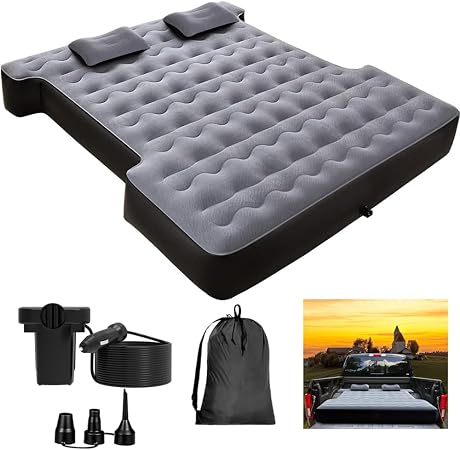 KINMAC Inflatable Full-Size Short Truck Bed Air Mattress 16.4FT Car Air Pump Cord Carry Bag for Outdoor Truck Camping Gr