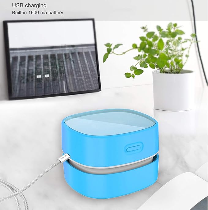 ODISTAR Desktop Vacuum Cleaner,Mini Table dust Sweeper Energy Saving,High Endurance up to 400 mins,Cordless&360º Rotatable for Cleaning Hairs,Crumbs,Computer Keyboard of Kid Gift(Blue Charging)