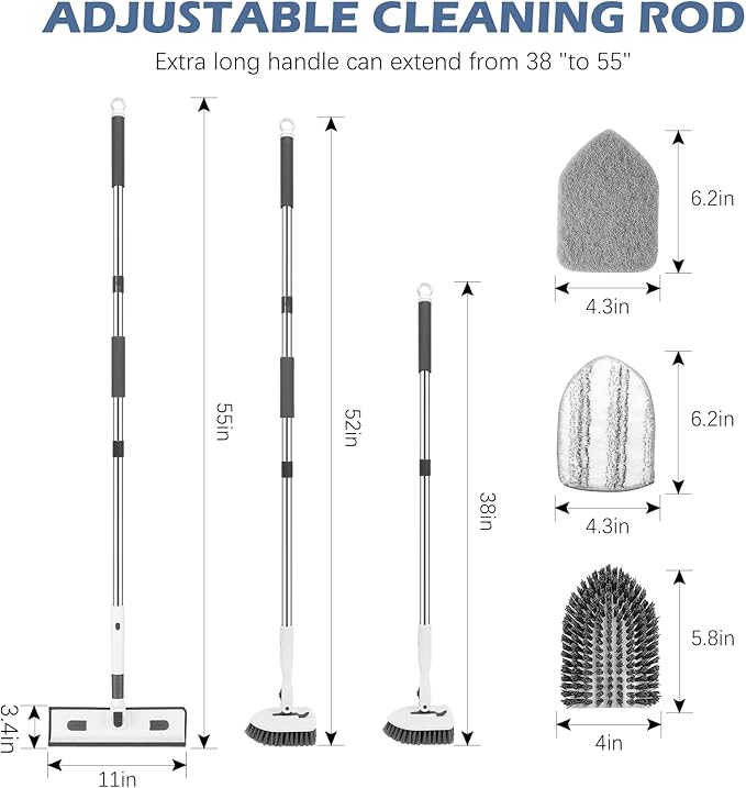SetSail 4-in-1 Tile Tub Floor Scrubber with 52-inch Adjustable Long Handle Shower Cleaner Brush Comes with Window Scrubber and 3 Replacement Brush Heads for Cleaning Bathroom Tub Tile, White Grey