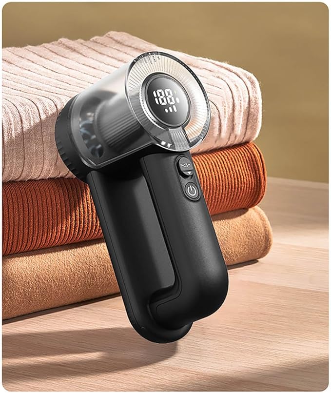 Fabric Shaver Rechargeable, 2-in-1 Lint Remover for Clothing, Furniture, Sweater with 6-Blade, 200ml Container, LED Display, 2000mAh Type-C, 3-Speed Lint Shaver Eliminates Fuzz & Pilling (Black)