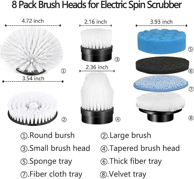 Electric Spin Scrubber Replacement Heads 8 in 1 Cleaning Brush, for Electric Spin Scrubber of ANS-8051A/8050 Power Shower Scrubber,for Household and Heavy Oil Pollution Cleaning Black