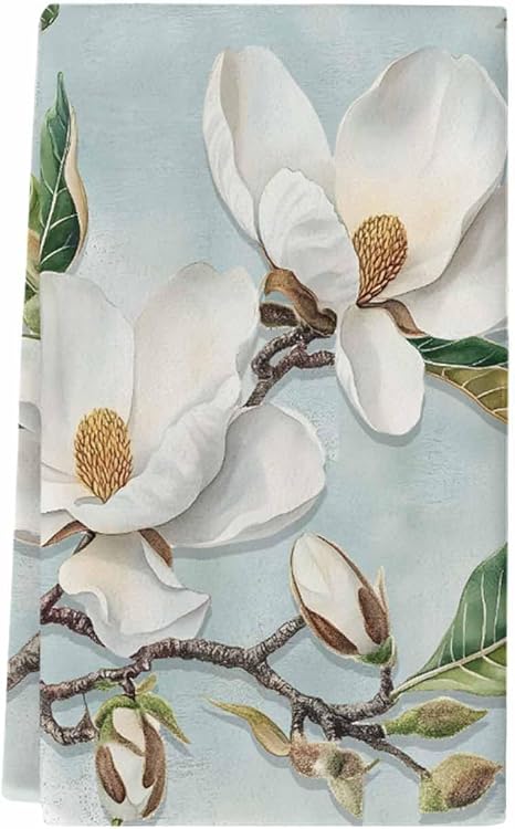 Kitchen Towel Set of 1, Farmhouse White Magnolia Flower Hand Towels Absorbent Microfiber Dish Cloth Abstract Floral Oil 