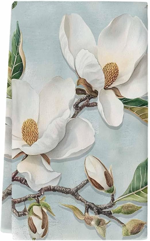 Kitchen Towel Set of 1, Farmhouse White Magnolia Flower Hand Towels Absorbent Microfiber Dish Cloth Abstract Floral Oil 