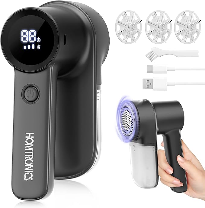 Rechargeable Fabric Shaver Lint Remover : 3-Speeds Sweater Shaver with LED Display & LED Light, Electric Lint Shaver for Clothing & Furniture, 3 Extra Blades, Type-C Fast Charging Port - Black