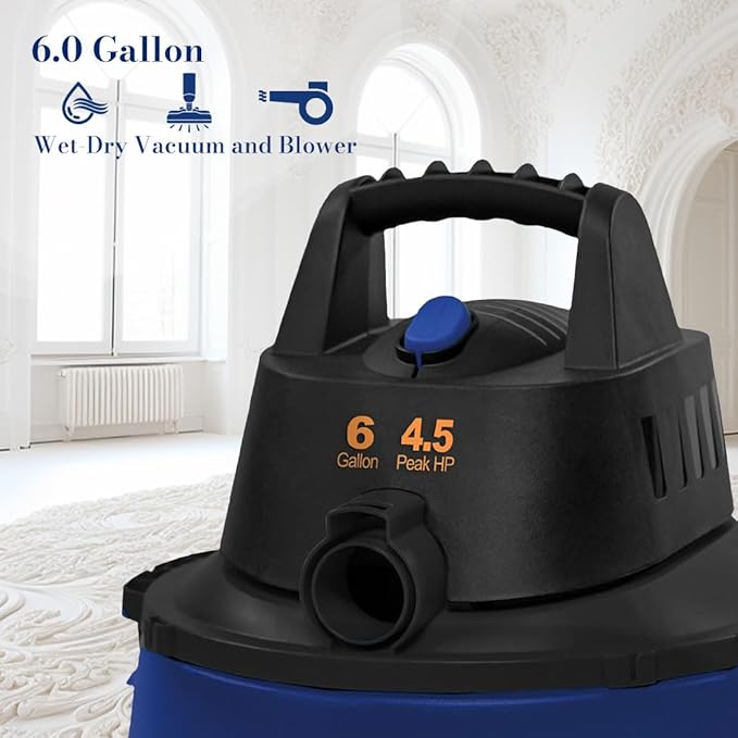 Koblenz WD-6 L212 Wet Dry Vacuum Cleaner, 6 Gallon, 4.5 PHP, 3-in-1 Suction & Blower, 16 ft Reach, Big Cleaner for Car, Shop Vacuum Wet and Dry, Swivel Casters, Black/Blue