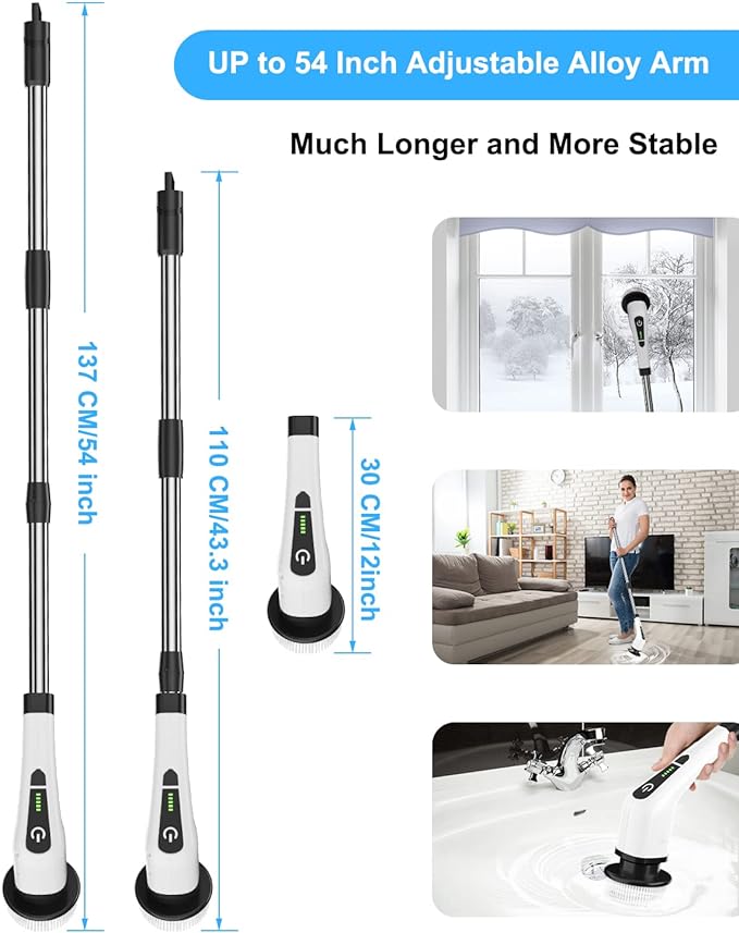 Leebein Electric Spin Scrubber, Cordless Cleaning Brush with 8 Replaceable Brush Heads, Tub and Floor Tile 360 Power Scrubber Dual Speed with Adjustable & Detachable Handle for Bathroom Kitchen Car