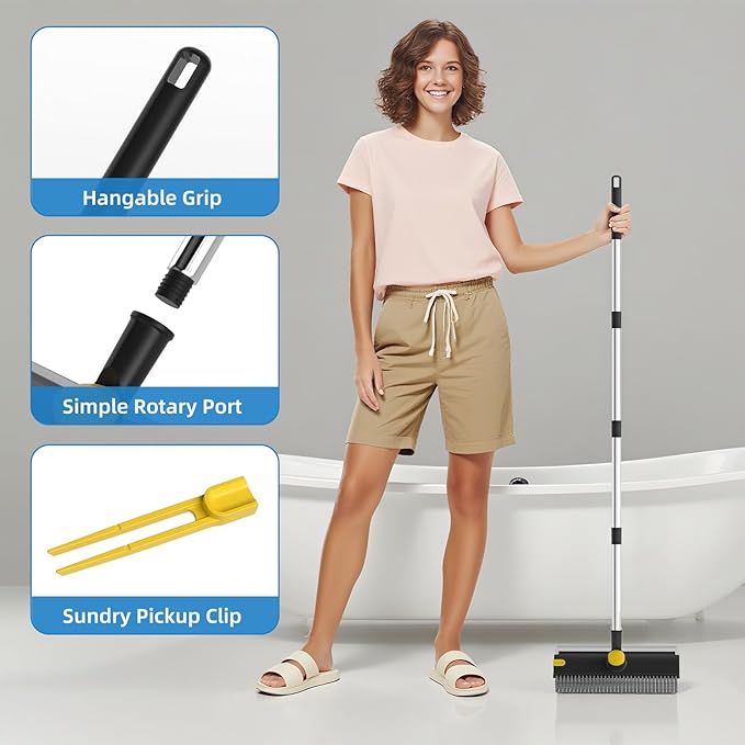 Scrub Brush with Long Handle, Floor Scrub Brush Squeegee Broom for Cleaning, 3 in 1 Shower Scrubber Floor Broom Squeegee for Concrete Tile Wall Deck Patio Special Black