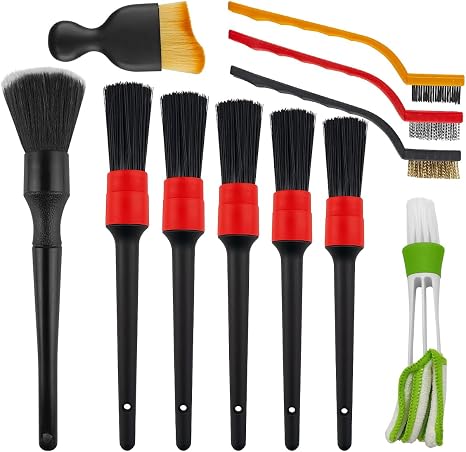 11PCS Car Detailing Brush Set, Soft Boar Hair and Steel Wire & Air Vent Dust Brush, Multipurpose Auto Detailing Cleaning