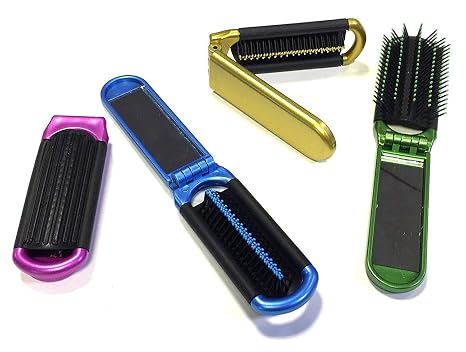 4 Assorted Colors ALAZCO Folding Hair Brush With Mirror Compact Pocket Size Travel Car Gym Bag Purse Locker Swimming Cam
