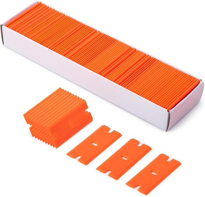 FOSHIO Plastic Razor Blade Scraper Include 2PCS Scraper Tool and 100PCS Blades for Gasket Remover, Labels Decal and Adhesive Remover for Windows and Glass