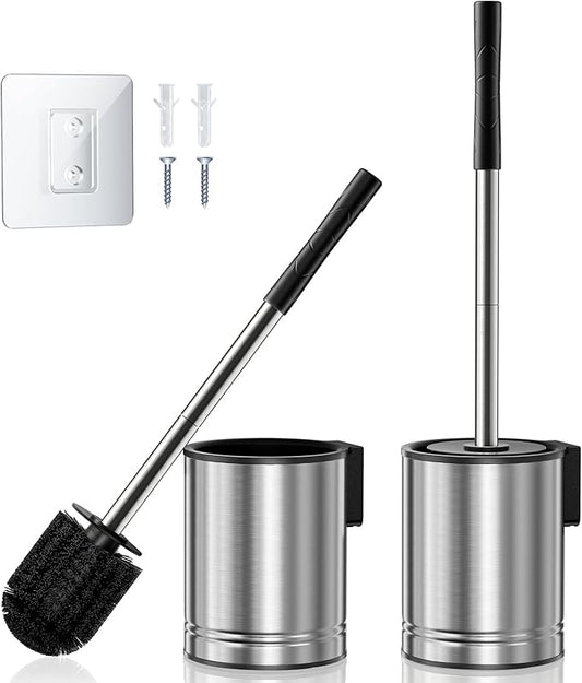 HAMITOR Toilet Brush and Holder Set: 2 Pack Stainless Steel Rustproof Kits with Deep Cleaning Bristles - Hidden Toilet Cleaner Scrubber for Homeowners - Compact Bathroom Accessories for Home RV Silver