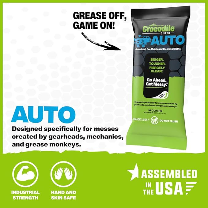 Crocodile Cloth Auto Cleaning Wipes – 10 XL (15" x 10") Disposable Wipes for Car Engine Degreasing, Body Detailing & Tire Cleaning – Cuts Grease, Oil, Adhesives on Hands, Tools, Parts & More