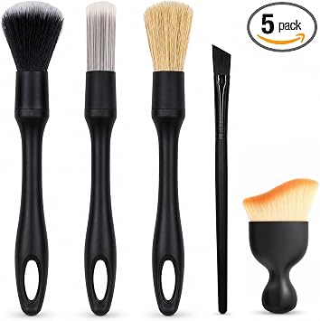 5PCS Car Detailing Brush Set, Soft Boars Bristle Cleaning Brushes Kit Black