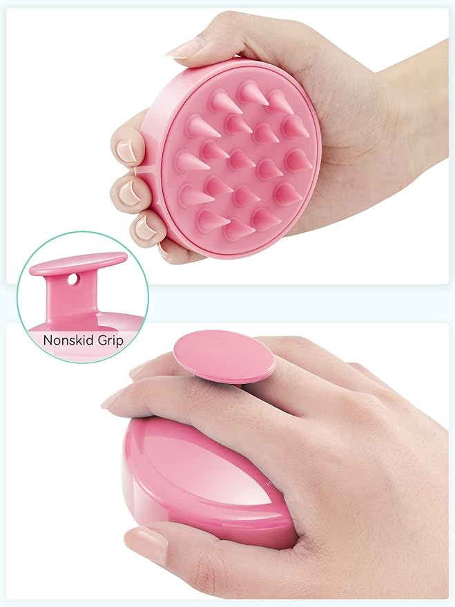 HEETA Scalp Massager Hair Growth, Soft Silicone Scalp Scrubber Shampoo Brush for Exfoliation, Dandruff Removal Head Massage Stress Relax, Wet & Dry Use for Thick Thin Curly Hair Care, Cherry Pink