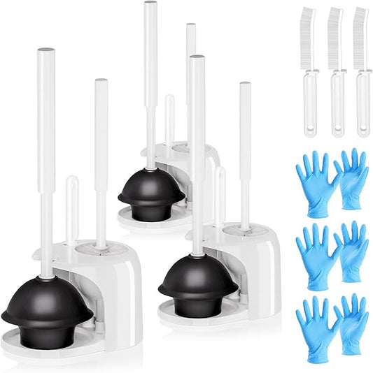 3PACK 4 in 1 Toilet Brush and Plunger Set with Crevice Cleaning Brush, Toilet Plunger and Brush Set with Extra Long Handle, Plungers for Bathroom Accessories, Toilet Plunger with Holder, White