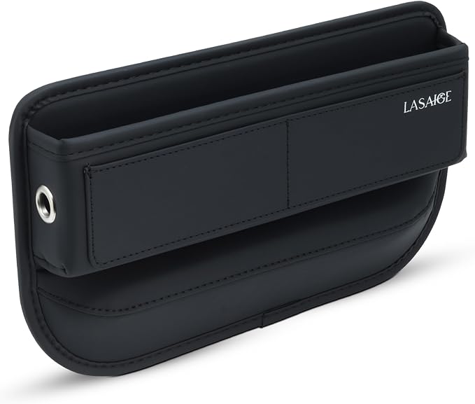 Car Seat Gap Filler Organizer (Black) -Soft PU Leather Car Seat Gap Filler Organizer - Gap Filler For Car w/ Pockets & L