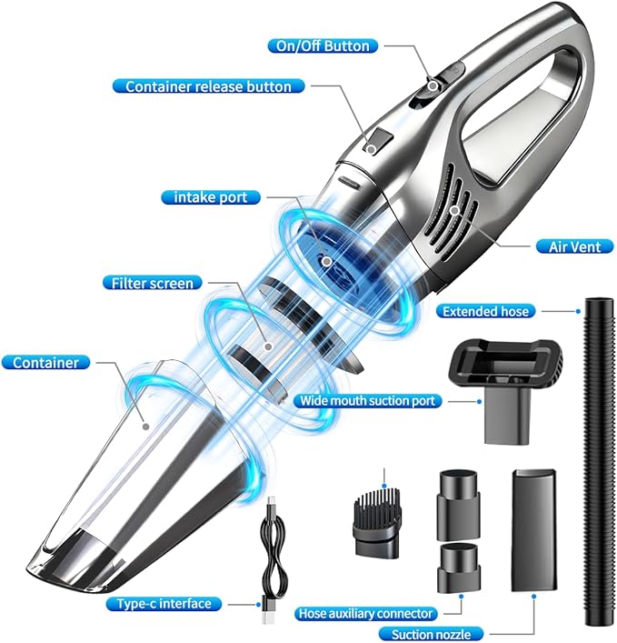Car Vacuum Portable Cordless – 12000PA Strong Suction, Lightweight & Rechargeable – Includes Multi-Nozzle Attachments for Car, Home, Office, and Pet Hair – Compact & Powerful Grey Vacuum