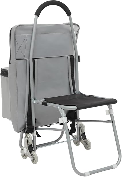 Trolley with Seat, Foldable Shopping Cart with Wheels, Folding Wheeled Portable Rolling Chair/Art Cart with Storage Bag,