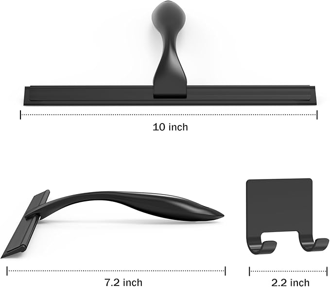 All-Purpose Stainless Steel Shower Squeegee for Shower Glass Door with Adhesive Hook, Bathroom Cleaner Tool Household Window Mirror Squeegee for Glass Doors, Cleaning Tile Wall, Car, 10 inch, Black