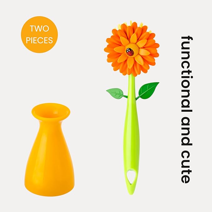 Vigar Flower Power Dish Brush with Handle and Vase Holder - Dish Scrub Brush for Dishes, Kitchen Scrub Brush, Dish Brush with Handle, Sink Cleaning Brush, Pot Scrubber, Dishwashing Brush - Orange