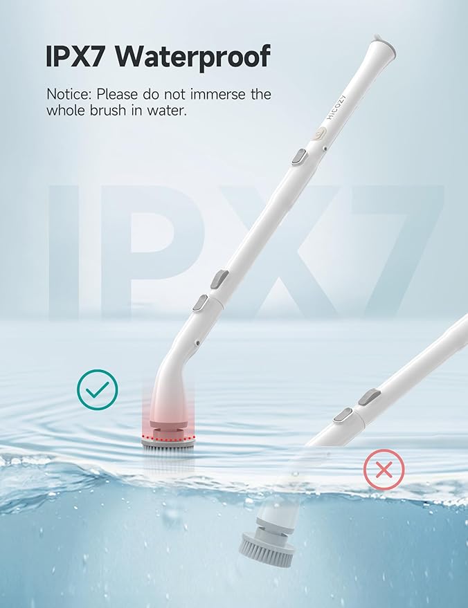 HiCOZY Electric Spin Scrubber HS1, Cordless Shower Scrubber for Cleaning with 4 Replaceable Brush Heads Adjustable Extension Handle, IPX7 Waterproof Cleaning Brush for Bathroom Floor White