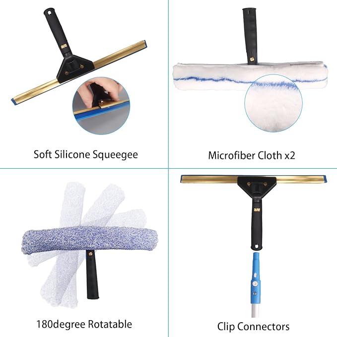 Window Cleaning Kit with Storage Bucket,Window Washing Kit with 4.13Ft Extension Pole,Scrubber,Spray Bottle,Duster Cloth,Squeegee with Rotating Head,Professional Window Cleaning Squeegee Kit