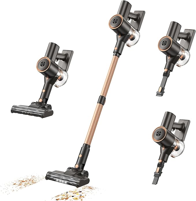 Cordless Vacuum Cleaner, Stick Vacuum with LED Display, Real-Time Battery Level Rechargeable Cordless Vacuum with 2 Adjustable Suction Modes, 40 Mins Runtime Handheld Vacuum for Home（Rose Gold）