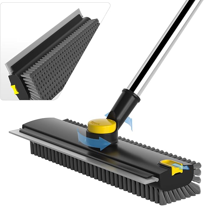 Scrub Brush with Long Handle, Floor Scrub Brush Squeegee Broom for Cleaning, 3 in 1 Shower Scrubber Floor Broom Squeegee for Concrete Tile Wall Deck Patio Special Black