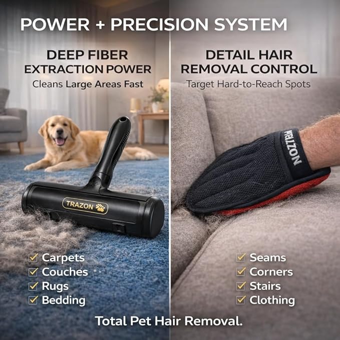 Pet Hair Removal System – Reusable Lint Roller & Lint Remover for Pet Hair on Carpet, Couch & Furniture + Pet Hair Glove Brush – Dog & Cat Fur Remover Tool for Car, Rugs & Clothing