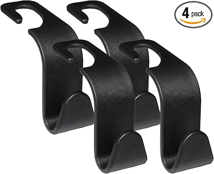 Universal Car Seat Headrest Hooks - 4-Pack, Black S-Type Hangers for Handbags, Purses, Coats - Storage Organizer for All