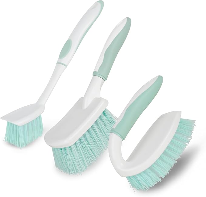 3 Pack Bathroom Scrub Brush Set, Heavy-Duty Scrub Brushes for Cleaning Floor, Green Scrubbing Brush with Non-Slip Handle and Stiff Bristles for Bathtub, Tub, Tile, Gap, Kitchen, Sink