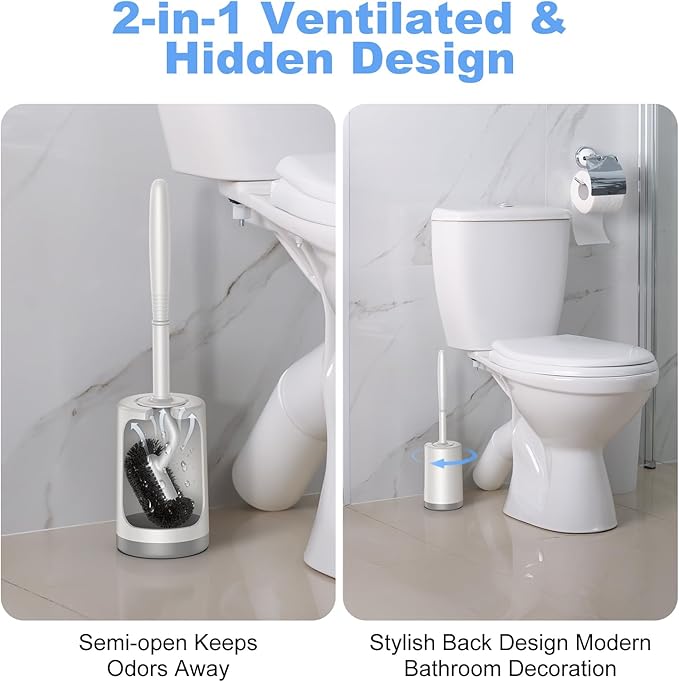 HAMITOR Toilet Bowl Brush Holder Set: Curved Design with Holder for Deep Cleaning Under Rim - Compact Hidden Scrubber for Small Space - Modern RV Bathroom Accessories - White 1 Pack