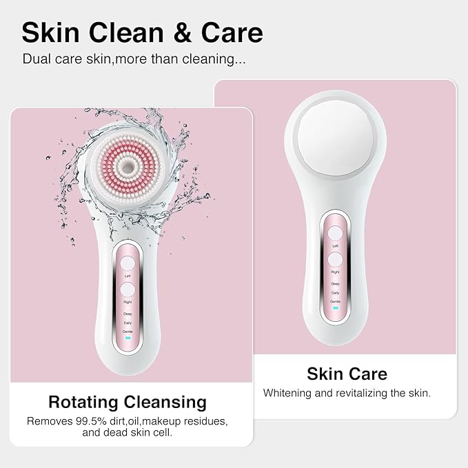 UMICKOO Electric Facial Cleansing Brush, 2-Way Rotating Face Scrubber for Daily & Deep Cleaning, 3 Modes, 5 Brush Heads, Rechargeable, IPX7 Waterproof for All Skin Types
