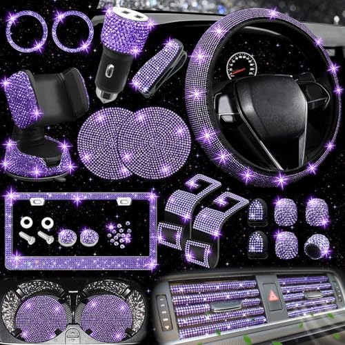 27 PCs Purple Violet Bling Car Accessories Set for Women, Steering Wheel Covers Universal Fit 15 Inch, Bling License Plate Frame, Bling Phone Holder, Bling Car Coasters