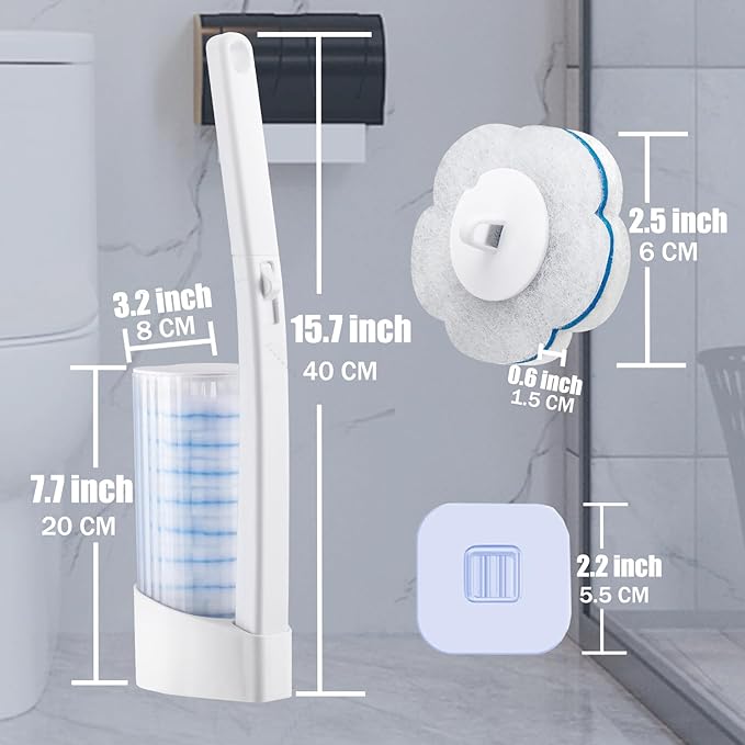 Disposable Toilet Brush and Holder Set with 48 Toilet Cleaner Refills，Toilet Wand Kit with Toilet Brush Refill Pads Disposable Toilet Cleaning System for Toilet Bowl，Bathtub，Bathroom - White