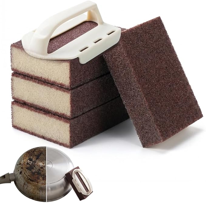 Magic Emery Cleaning Sponge, 2026 New Carborundum Sponge, Emery Sponge Brush Eraser Scrub Pad, Pot Scrubber for Removing and Cleaning Pots and Pans (4, Sponge with Handle)