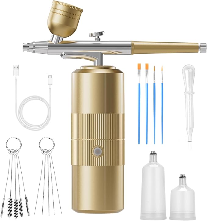 Airbrush Kit with Compressor Portable Airbrush Kit 48PSI High-Pressure Non-Clogging Air Brush Set Cordless Rechargeable with 0.3mm Nozzle and Cleaning Brush for Painting,Nail Art, Makeup (Gold)
