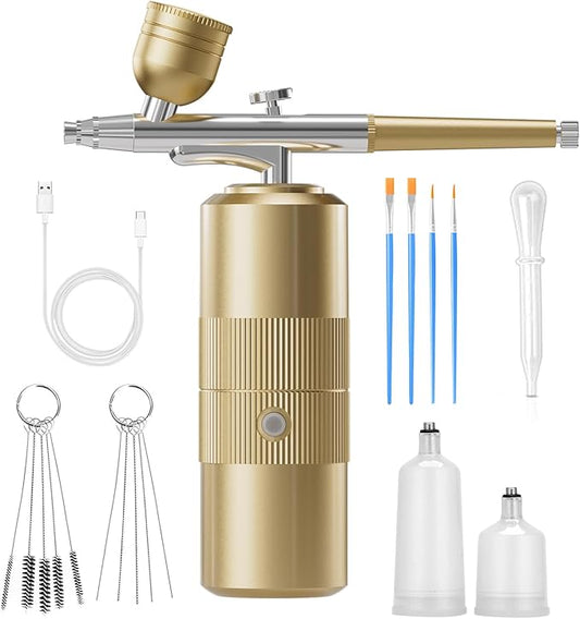 Airbrush Kit with Compressor Portable Airbrush Kit 48PSI High-Pressure Non-Clogging Air Brush Set Cordless Rechargeable with 0.3mm Nozzle and Cleaning Brush for Painting,Nail Art, Makeup (Gold)