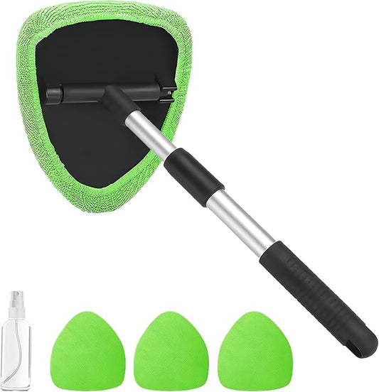 Windshield Cleaning Tool, Car Window Cleaner with Extendable Handle, 4 Microfiber Pads and Spray Bottle, Auto Interior Exterior Glass Wiper Cleaning Kit Universal for RV, SUV, Truck (Green)