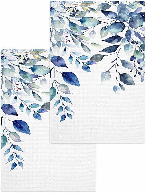 Blue Eucalyptus Hand Towels Set,Waffle Weave Kitchen Towels 2 Pieces,Microfiber Hair Face Bath Tea Towel Absorbent Dryin