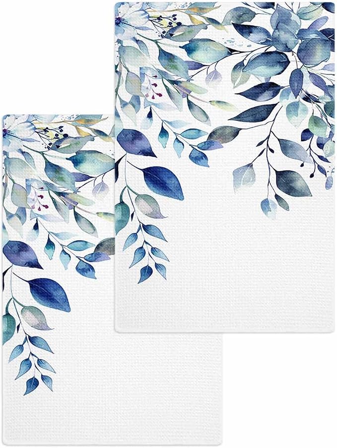 Blue Eucalyptus Hand Towels Set,Waffle Weave Kitchen Towels 2 Pieces,Microfiber Hair Face Bath Tea Towel Absorbent Dryin