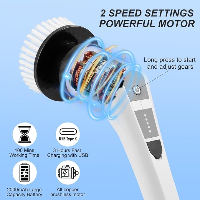 WDFAACK Electric Spin Scrubber,Cordless Spin Scrubber for Cleaning with 8 Replaceable Brush Heads,Shower Scrubber with Adjustable Detachable Handle for Bathroom,Kitchen