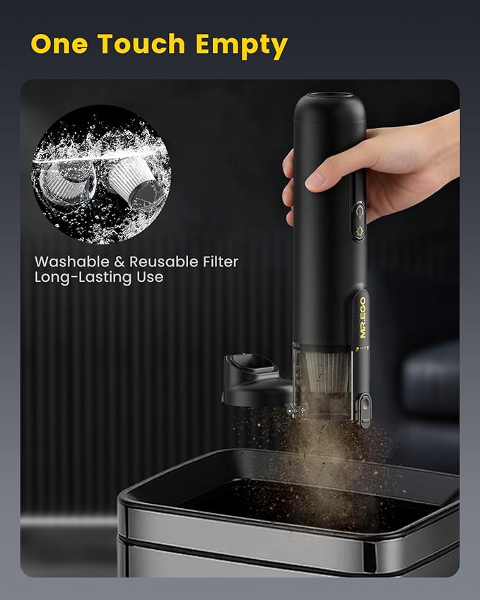 Mr.ego Car Vacuum Portable Cordless, 20000Pa High-Power Suction Handheld Vacuum & Air Duster with Brushless Motor, Multi-Nozzles, Green LED Light & Washable Filter for Car, Home, Office, Pet Hair