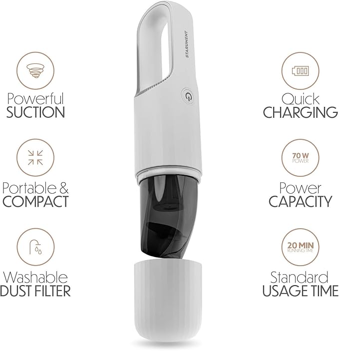 STARUMENT Portable Hand Vacuum Cleaner Handheld Cordless Cleaner for Dust Pet Hair Dirt, Home, Car Interior, Lightweight, Easy to Use, Compact Design Battery Rechargeable with USB-C Cable White