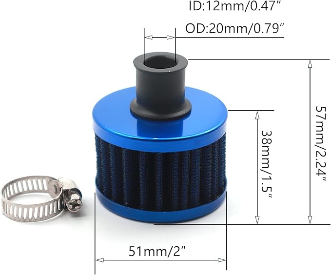 12mm Air Filter Cold Air Intake Filter Breather Turbo Vent Air Intake Filter Cleaner Blue Universal for car and Motorcycle (2pcs Air Filter)