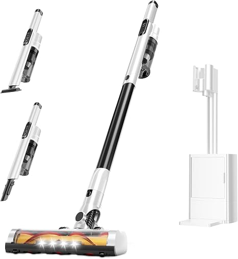 Cordless Stick Vacuum Cleaner with Auto Empty System Self-Charging Base, Powerful Suction for Pet Hair on Carpet & Hardf